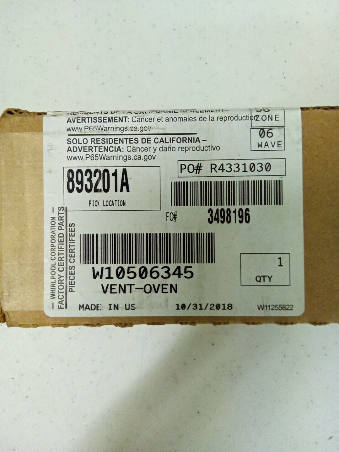 Whirlpool W10506345 Oven Vent AK-72