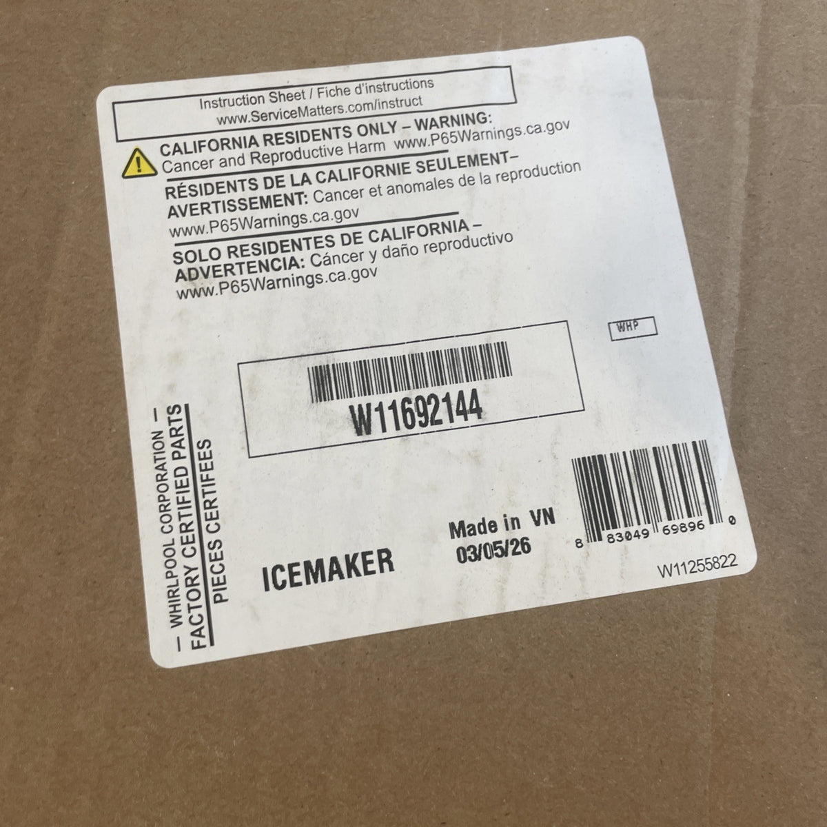 Whirlpool Refrigerator Ice Maker Assembly W11692144 BA87