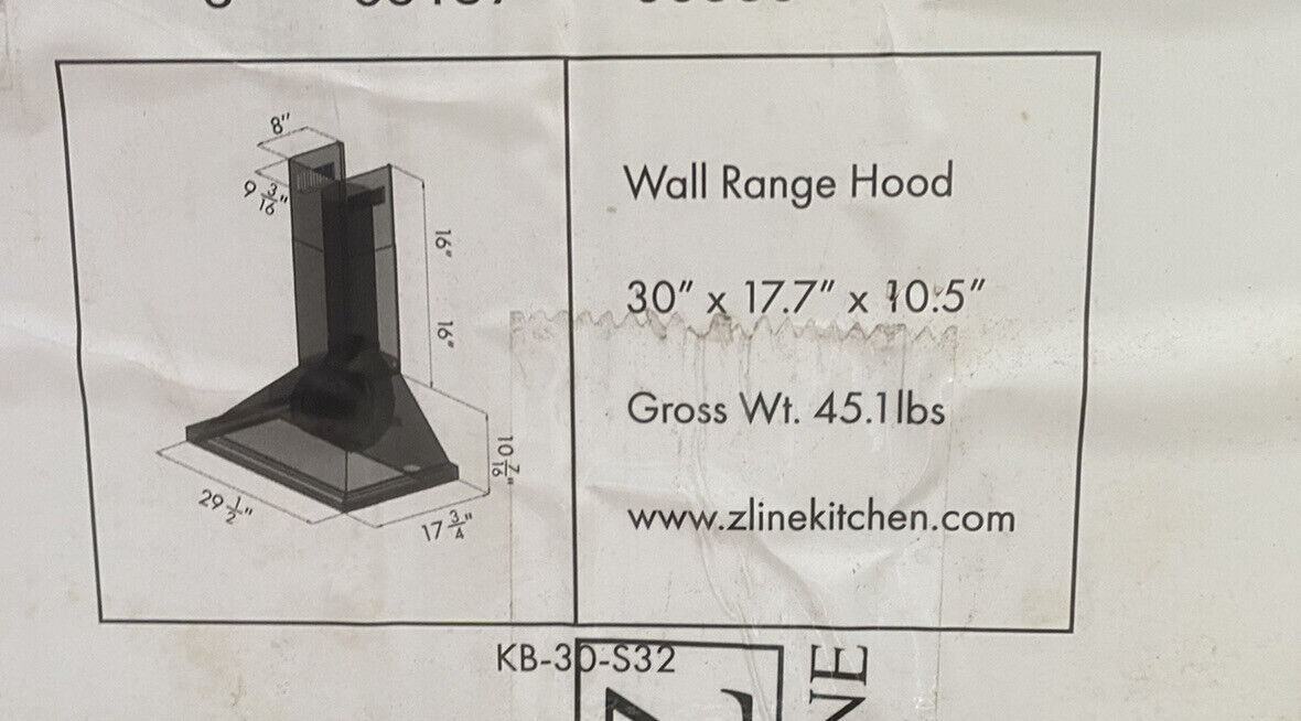 Zline Wall Range Hood 30” Stainless Steel KB-30-S32 New Open Box AP190