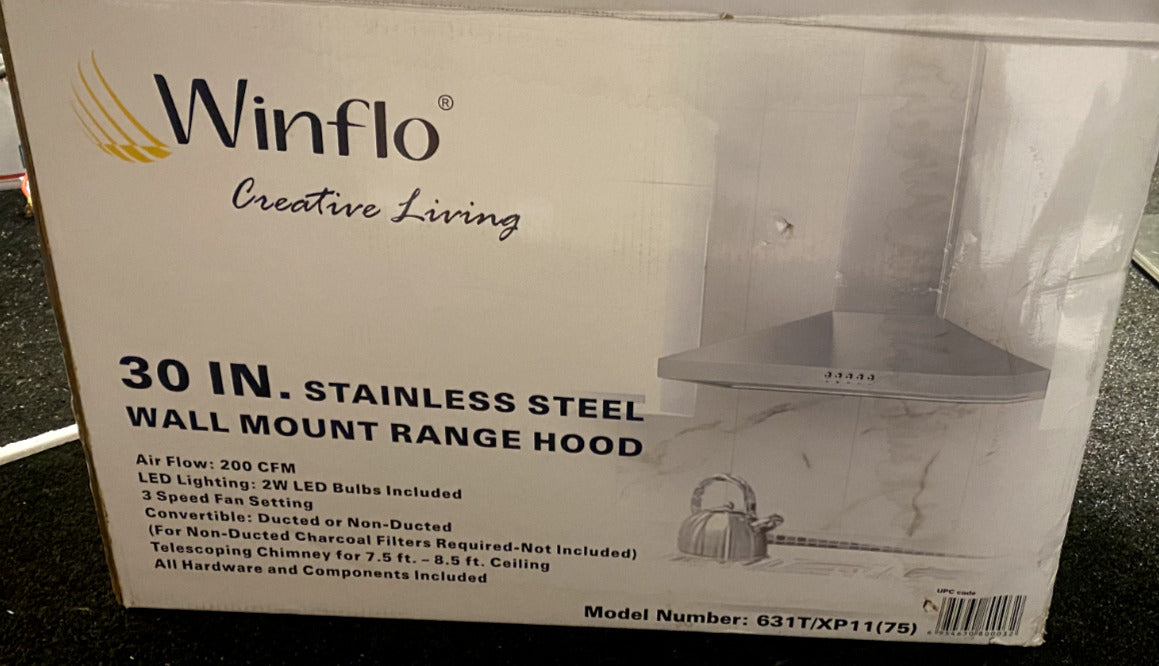 Winflo 30" Stainless Steel Range Hood Lighted 631T/XP11(75) New Open Box AP188