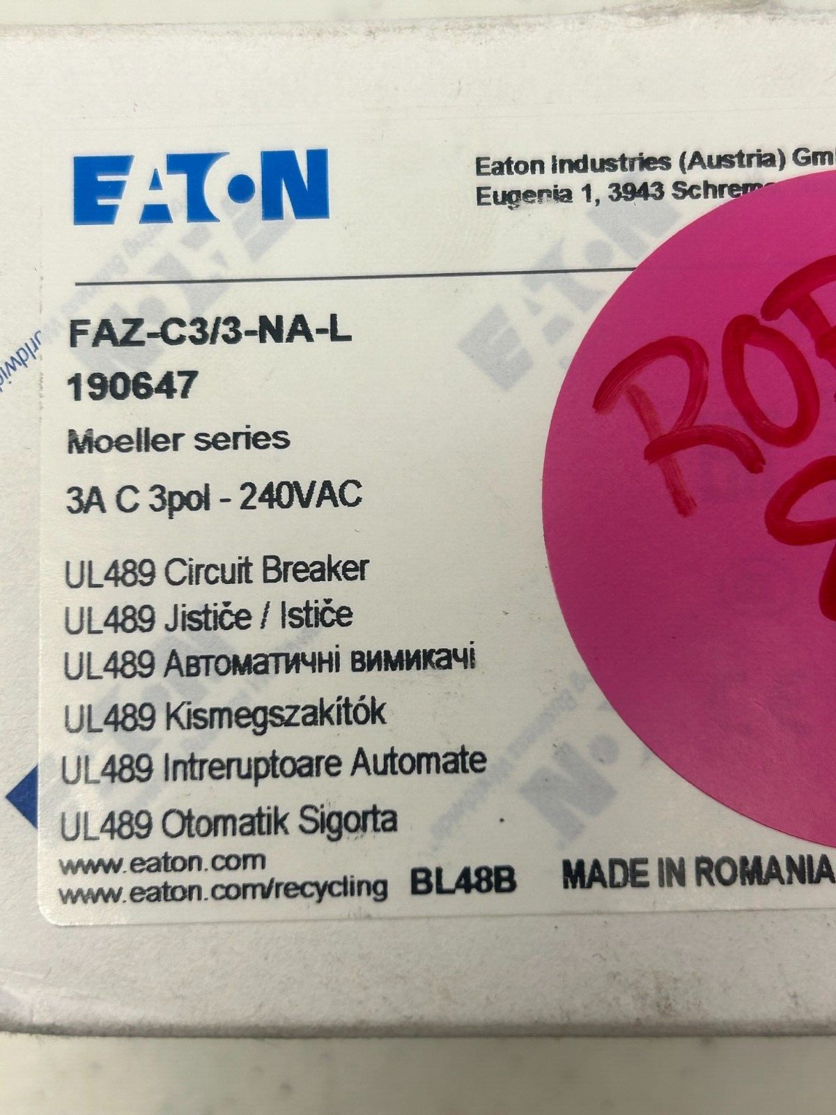 Faz-c3/3-na-l 190647 Eaton Moeller Series Circuit Breaker 3A C 3pol 240VAC ROB8