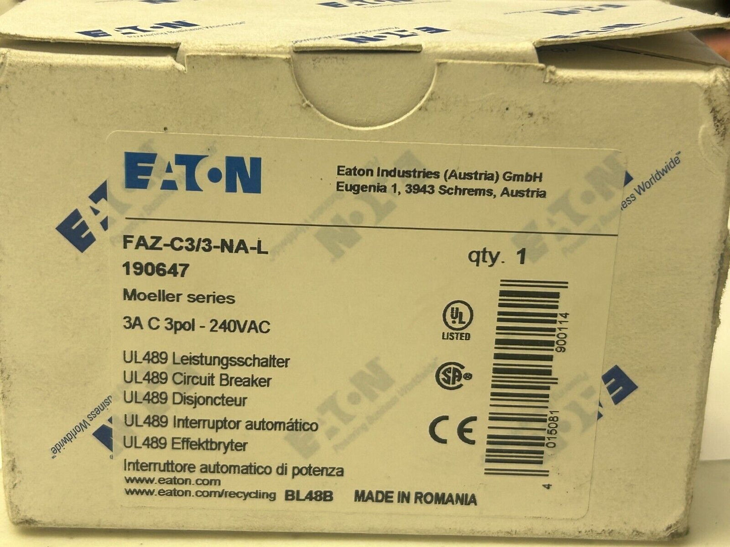 Faz-c3/3-na-l 190647 Eaton Moeller Series Circuit Breaker 3A C 3pol 240VAC ROB8