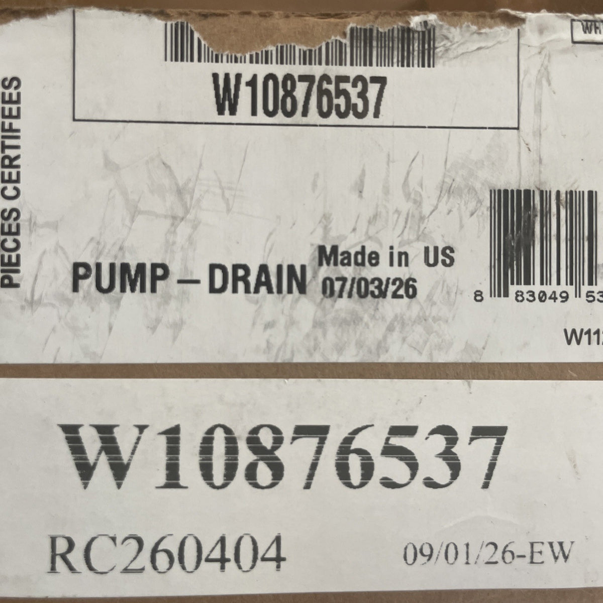 Dishwasher Drain Pump Whirlpool W10876537 BA101