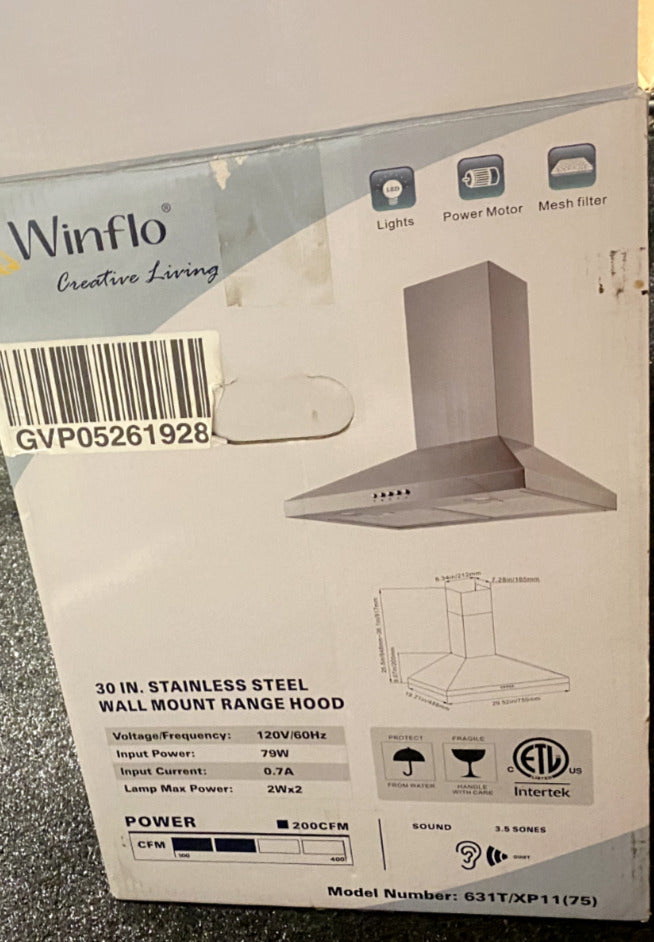 Winflo 30" Stainless Steel Range Hood Lighted 631T/XP11(75) New Open Box AP188