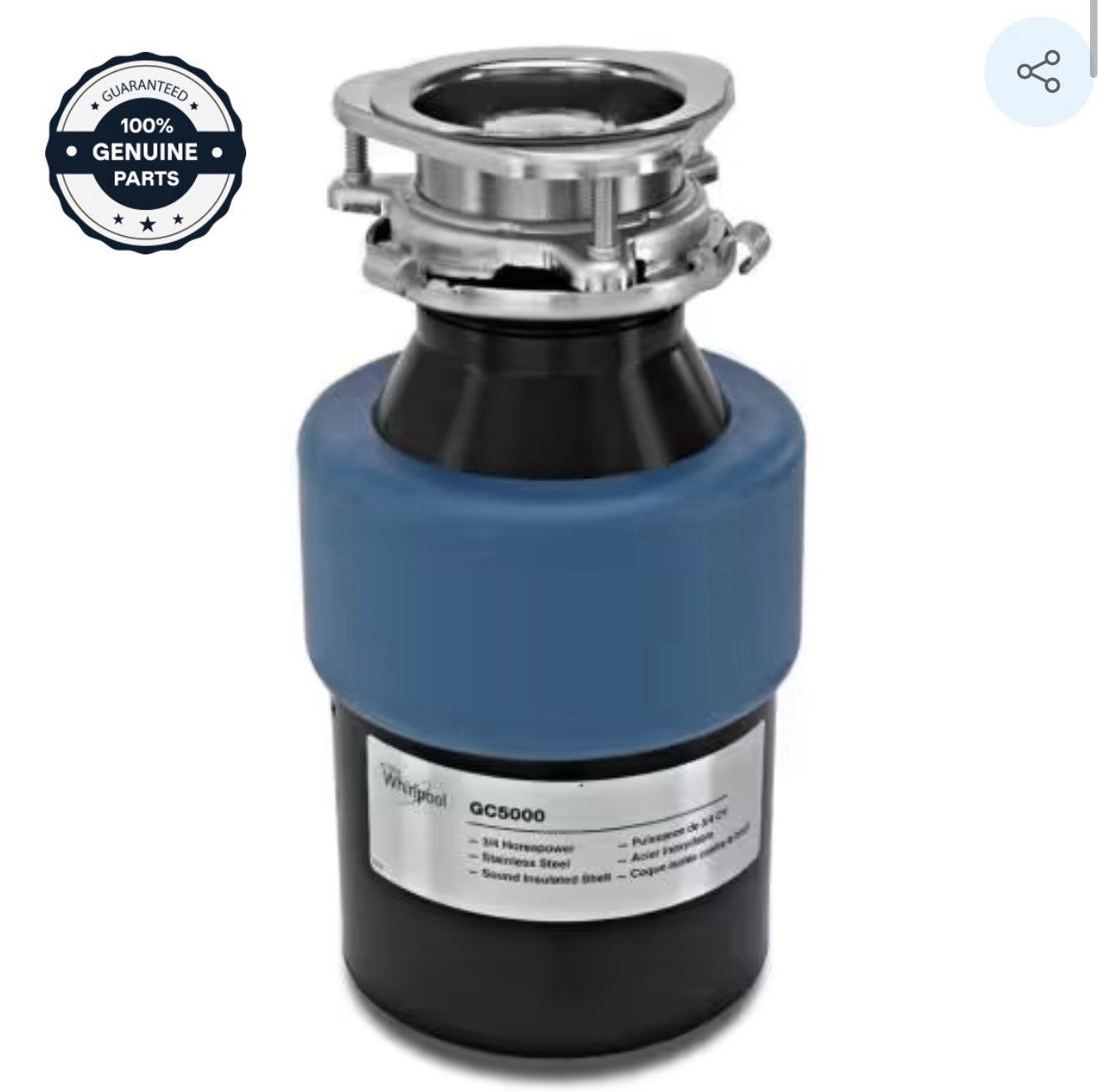 88174303 WHIRLPOOL  3/4 Horsepower Garbage Disposal NEW