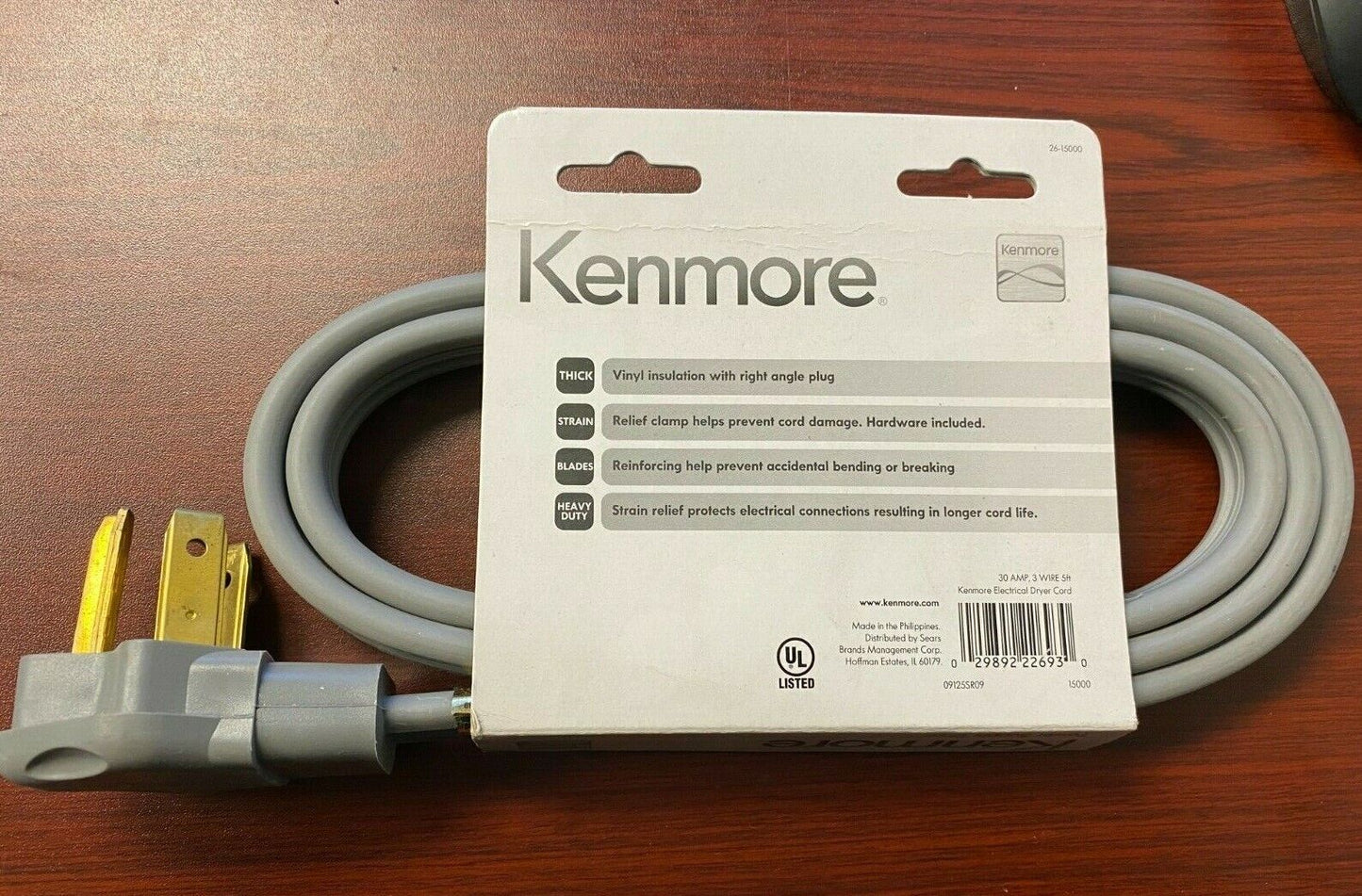 Kenmore 3-Prong 5FT 30AMP 26-15000 Electrical Dryer Cord New DRY2