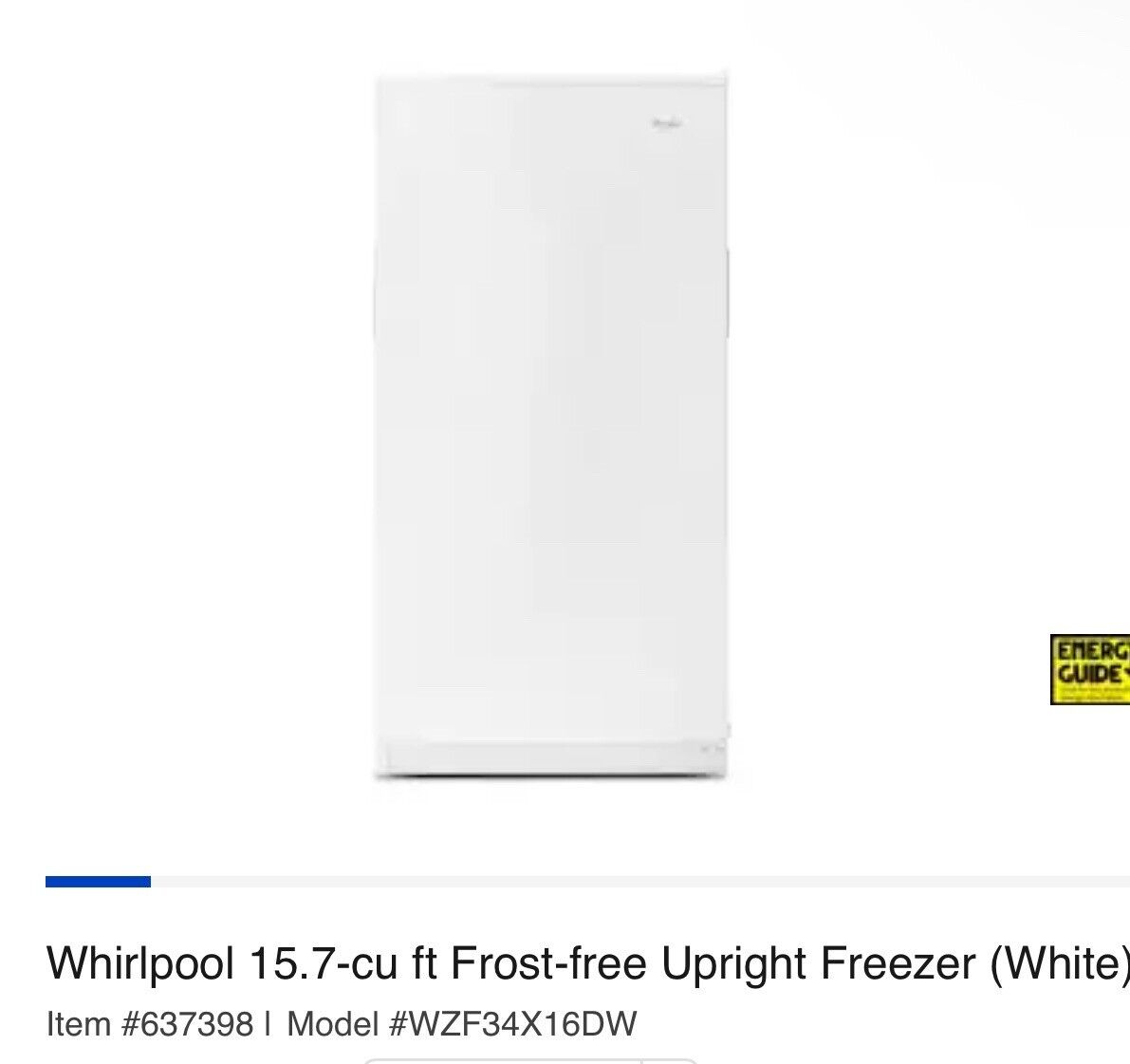 Whirlpool WZF34X16DW Upright Freezer. 15.7 Cu Ft Frost Free White New In Box