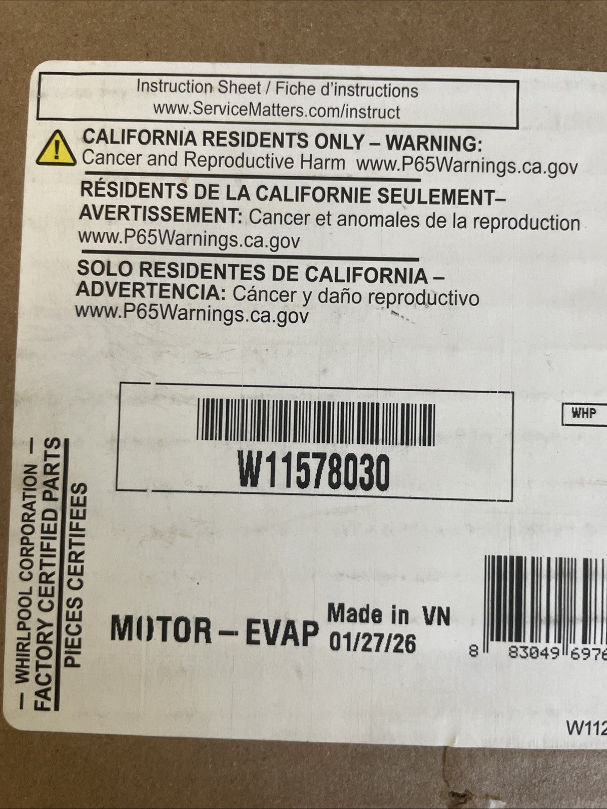 Whirlpool W11578030 Appliance Motor-Evap- BA8