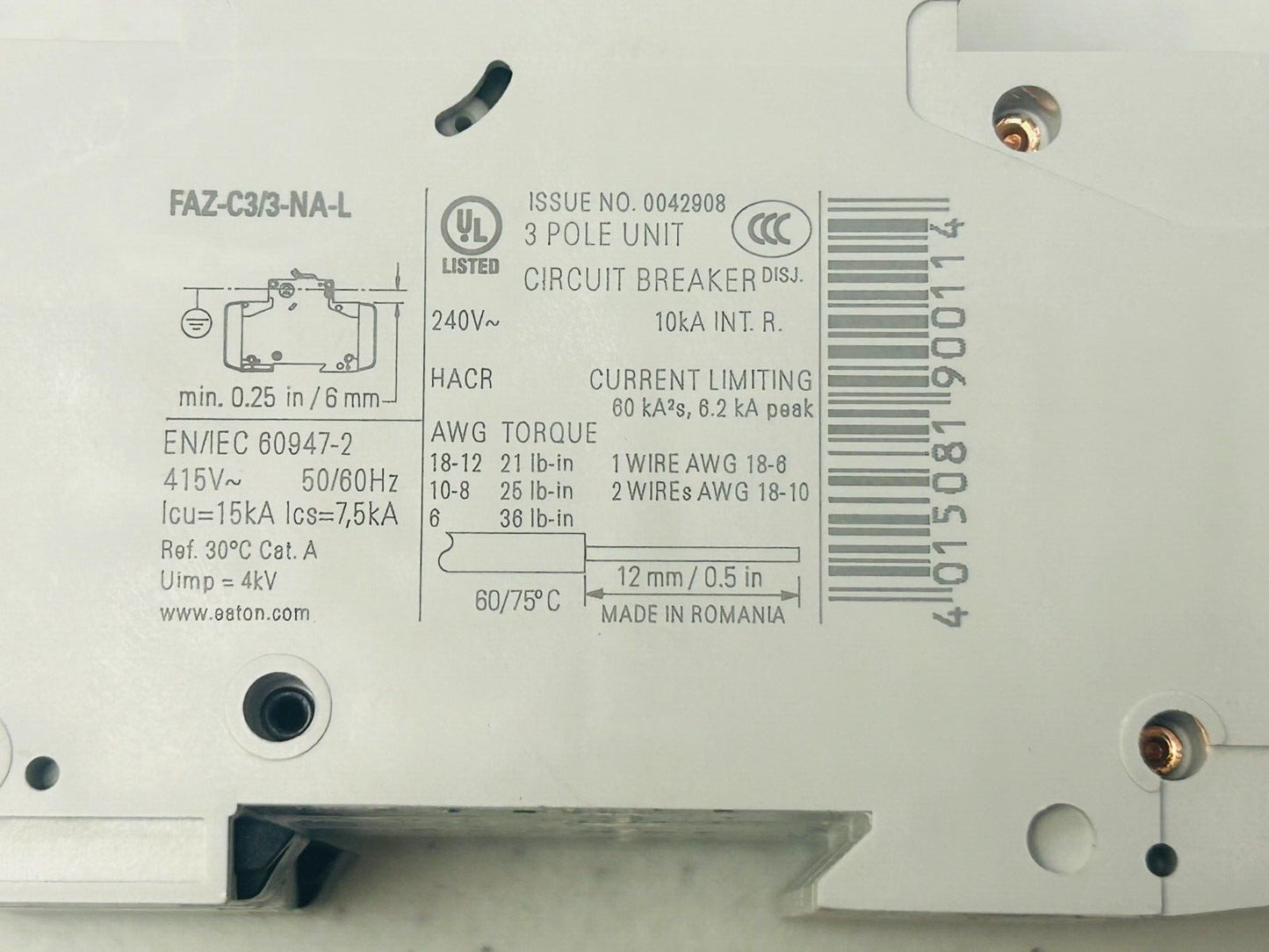 Faz-c3/3-na-l 190647 Eaton Moeller Series Circuit Breaker 3A C 3pol 240VAC ROB8